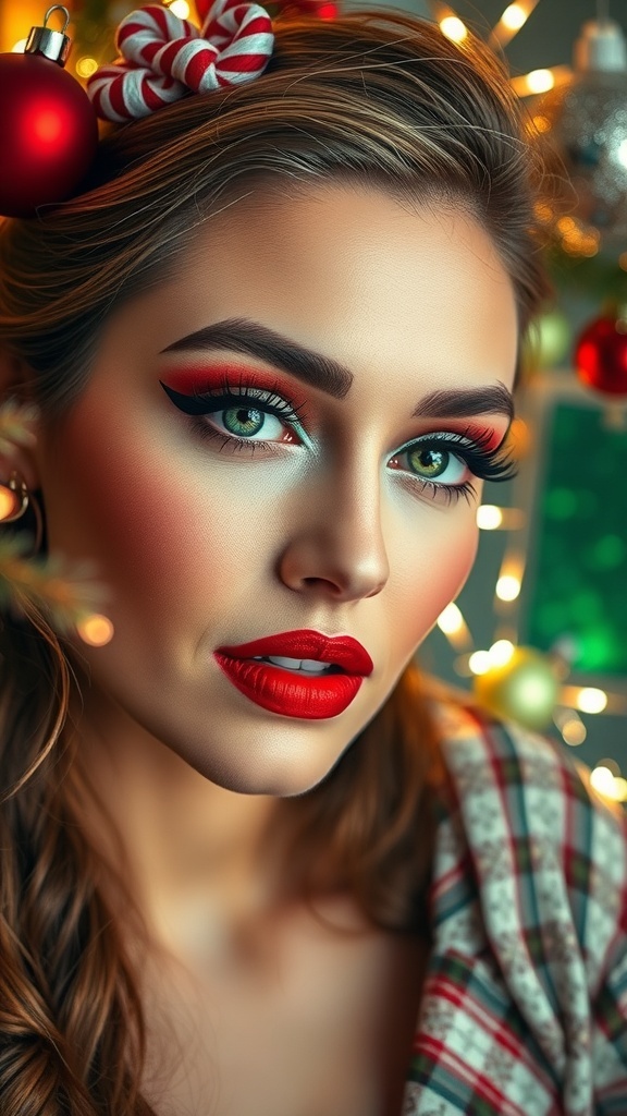A model showcasing festive Christmas makeup with red lips and green eyeshadow, surrounded by Christmas decorations and lights.